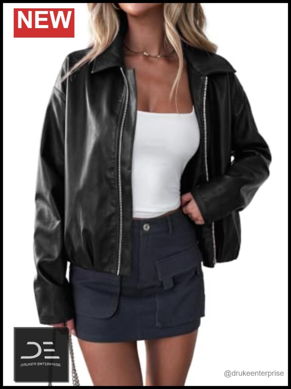 Faux Leather Moto Jacket Cropped Zip Fall Coat